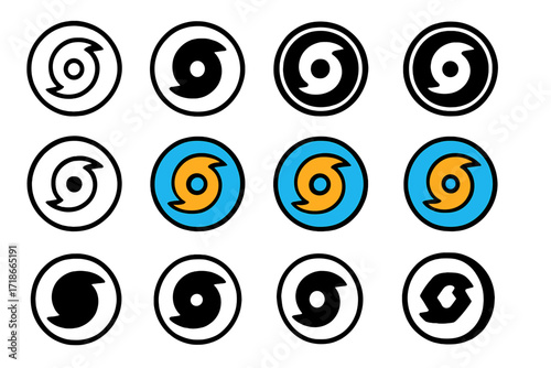 Hurricane Evacuation Logo Grid. Set Logo of Severe Hurricanes: Evacuation route sign. Logo set in vector style, emblematic variations. line, bold thick line,