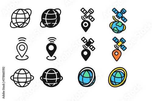 Satellite Mapping Icons. Icon Set of Satellite Mapping Tools: Orbital overlay, Satellite track marker, Geosync path. Icons set in