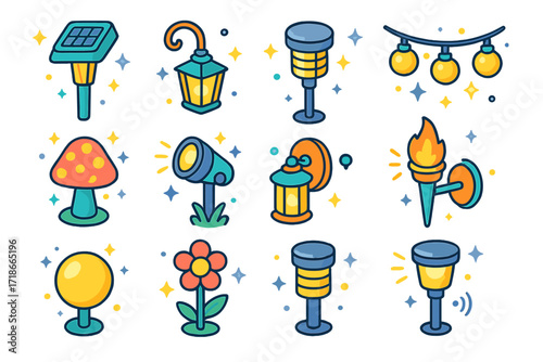 Colorful Garden Lighting Icons. Colorful isometric vector icons set of garden lighting: solar garden lamp, lantern on hook, LED pathway light, string fairy