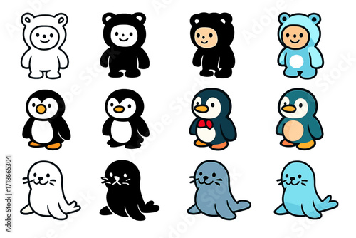 Arctic Costume Icons. Icon Set of Arctic animal costumes: polar bear costume, penguin costume, seal costume. Icons set in vector style, emblematic variations.