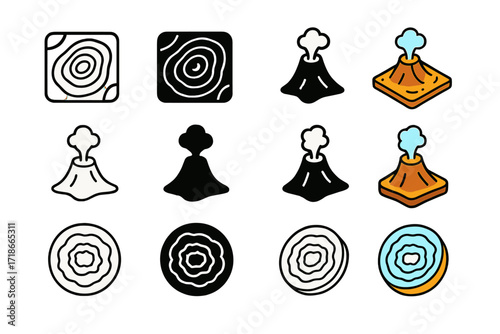 Planetary Survey Icons. Icon Set of Planetary Surveying: Crater topology map, Volcanic plume trace, Polar ice sheet diagram. Icons set in vector style,