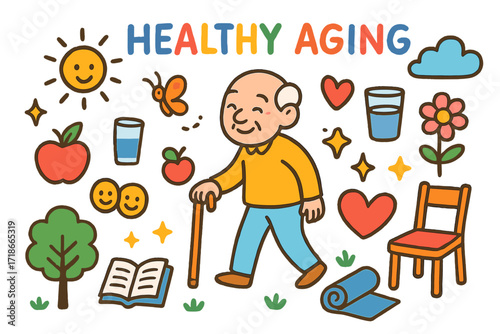 Joyful Healthy Aging. Colorful Hand-drawn doodle Children illustration Healthy Aging elderly person walking, apple, water glass,