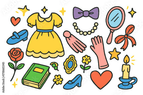Vintage Elegance Doodles. Colorful Hand-drawn doodle Children illustration Elegant Classics vintage dress, bow tie, pearl necklace