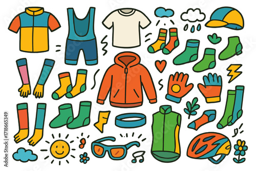 Cycling Gear Doodle. Colorful Hand-drawn doodle Children illustration Cycling Apparel cycling jersey, bib shorts, base layer, socks, windbreaker, shoe covers,