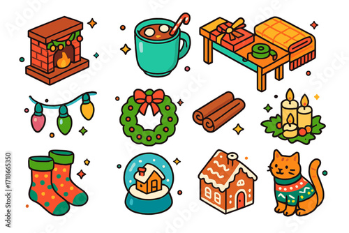 Festive Holiday Icons. Colorful isometric vector icons set of holiday cheer at home: decorated fireplace, hot cocoa mug, gift wrapping table, cozy blanket,