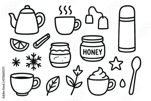 Cozy Beverage Icons. Hand-drawn doodle illustration warming drinks kettle, steaming mug, teabag, coffee cup, honey jar, lemon slice, cinnamon stick, cookie,