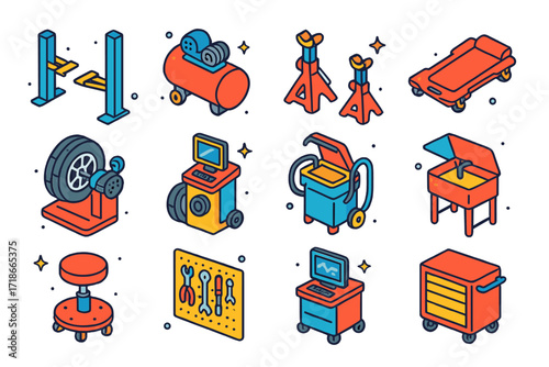 Mechanic Shop Icons. Colorful isometric vector icons set of mechanic shop equipment: hydraulic lift, air compressor, jack stand, creeper board, tire balancer,