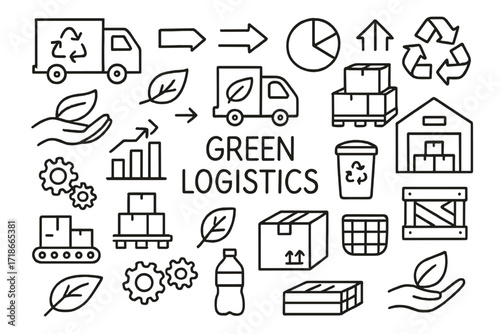 Green Logistics Icons. Green logistics. Hand-drawn doodle illustration green logistics trucks, pallets, boxes, arrows, recycling symbols, gears, leaves,