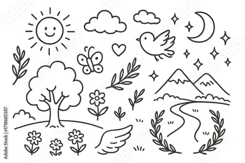 Heavenly Meadows Doodle. Hand-drawn doodle illustration Heavenly meadows [tree, flower, butterfly, bird, sun, cloud, moon, star, sparkle, heart, olive branch,