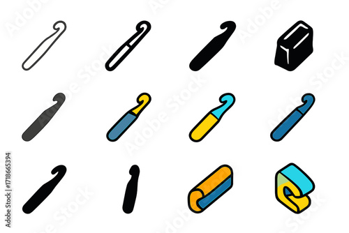 Handicraft Crochet Logo Set. Set Logo of Handicrafts: Crochet Hook. Logo set in vector style, emblematic variations. line, bold thick line, solid black filled,