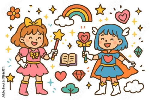 Magical Girl Duo. Colorful Hand-drawn doodle Children illustration Magical Girl Duo Cosplay wand, star, heart, sparkles, ribbon,