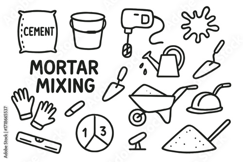 Cement Mixing Essentials. Hand-drawn doodle illustration Mortar mixing process cement bag, bucket, mixer icon, water can, mixing tool, gloves, scoop, level,
