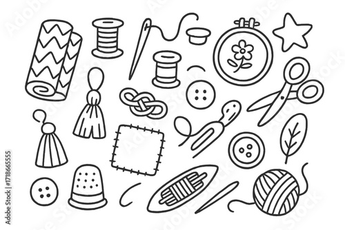 Textile Doodle Icons. Hand-drawn doodle illustration Textile patterns [fabric roll, thread, needle, spool, embroidery hoop, tassel, knot, star,