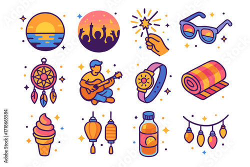 Sunset Festival Vibes Icons. Colorful isometric vector icons set of sunset festival vibes: glowing sunset, silhouette crowd,