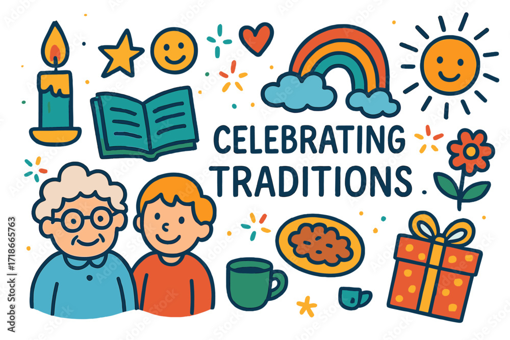 Fototapeta premium Celebrating Traditions Doodle. Colorful Hand-drawn doodle Children illustration Celebrating Traditions [candle, book, grandparent,