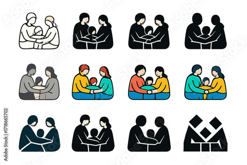Family Support Logos. Set Logo of Supporting each other in family crises: Family members sitting in a support circle. Logo set in vector style, emblematic
