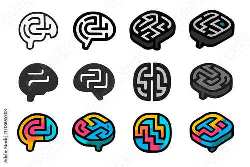 Creative Brain Logo Variations. Set Logo of Neuropsychology of creativity and problem-solving: Abstract brain shaped maze. Logo set in vector style, emblematic
