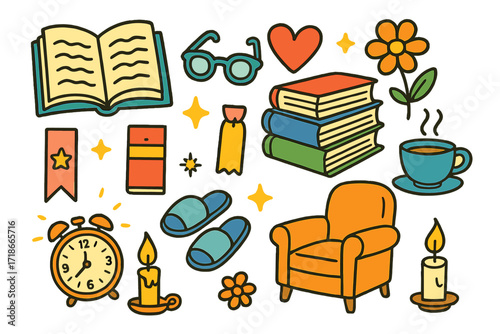 Colorful Book Doodle. Book Lover. Colorful Hand-drawn doodle Children illustration open book, glasses, stack of books, heart, flower, bookmark, tea cup, star,