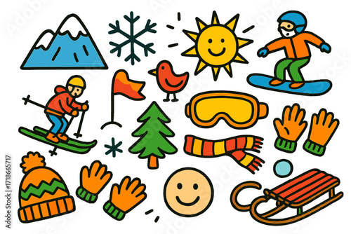 Playful Winter Adventure. Colorful Hand-drawn doodle Children illustration Mountain top view mountain peak, snowflake, sun, skier, snowboarder, flag, pine