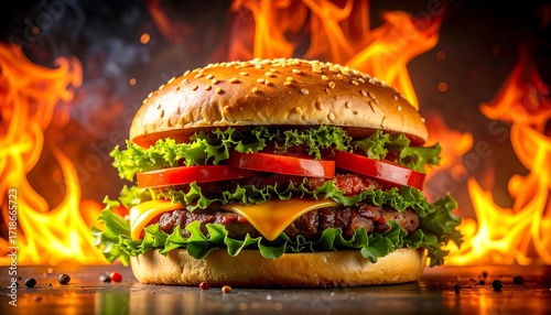 Delicious burger on fire