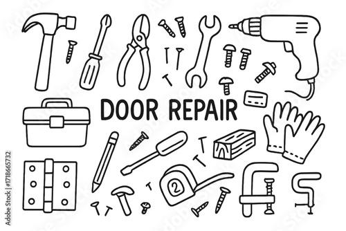 Door Repair Tools. Hand-drawn doodle illustration Door repair tools hammer, screwdriver, pliers, wrench, drill, screws, toolbox, hinge, bolts, tape measure,
