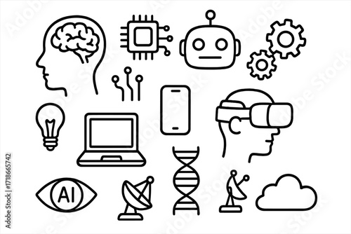 Human-Tech Fusion Icons. Hand-drawn doodle illustration humans merging with technology human head, brain, microchip, circuit lines, robot head, gears, light