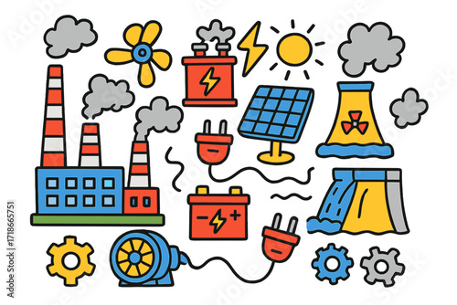 Colorful Power Icons. Power Plant. Colorful Hand-drawn doodle Children illustration Power Plant factory, smokestack, turbine, transformer, generator, battery,
