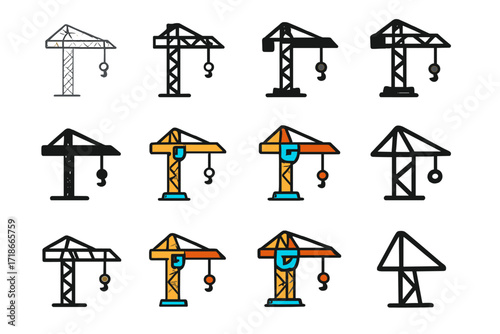 Tower Crane Logo Designs. Set Logo of Commercial Construction: Tower Crane. Logo set in vector style, emblematic variations. line, bold thick line, solid black