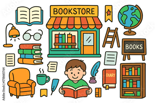 Colorful Bookstore Doodles. Colorful Hand-drawn doodle Children illustration Bookstore storefront stack of books, open book, reading glasses, lamp, bookmark,