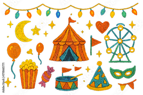 Magical Night Doodles. Glowing night. Colorful Hand-drawn doodle Children illustration string lights, moon, star, heart, sparkle, circus tent, balloon,