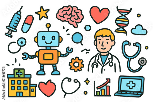 Healthcare Robotics Doodles. Robotics in healthcare. Colorful Hand-drawn doodle Children illustration robot, syringe, pill,