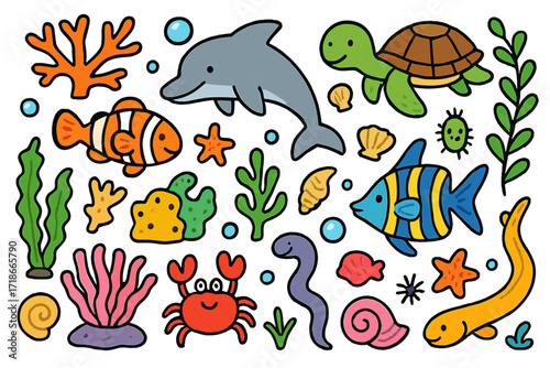 Vibrant Marine Doodle. Colorful Hand-drawn doodle Children illustration Marine Life and Habitat coral reef, clownfish, turtle, sea anemone, angelfish, sea