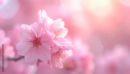 Close up of Soft Pink Cherry Blossoms with Delicate Petals and Golden Stamens on a Sunny Bokeh Background Blooming Branch Floral Springtime
