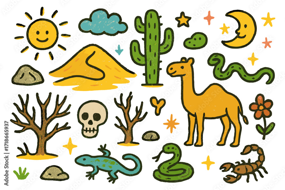Naklejka premium Desert Doodle Adventure. Colorful Hand-drawn doodle Children illustration Barren Desert Landscape [sand dune, cactus, sun, cloud,