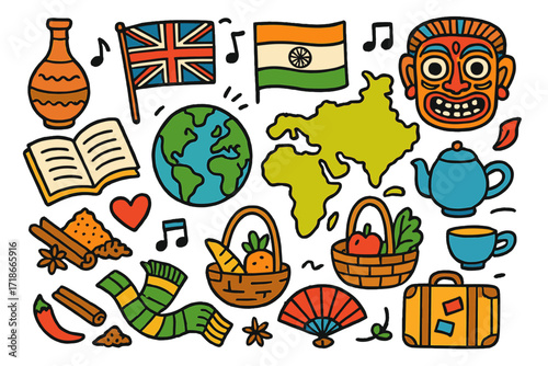 Cultural Fusion Doodle. Colorful Hand-drawn doodle Children illustration Cultural fusion through trade globe, map, flags, spices,
