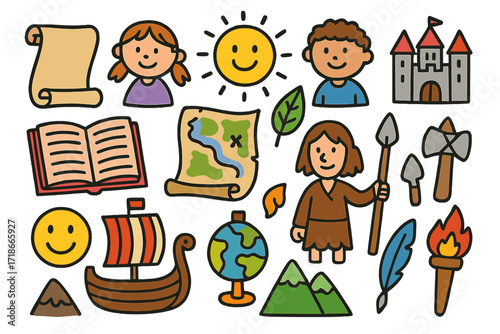 Colorful Historical Mural. Colorful Hand-drawn doodle Children illustration Historical mural timeline, scroll, map, old book, character sketch, castle, ship,