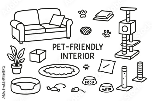 Pet-Friendly Interior Doodles. Pet-Friendly Interior. Hand-drawn doodle illustration pet-friendly interior sofa, rug, cushion, dog bed, cat tree, scratching