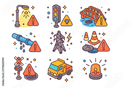 Public Infrastructure Icons. Colorful isometric vector icons set of public infrastructure maintenance symbols: streetlight malfunction alert, traffic signal