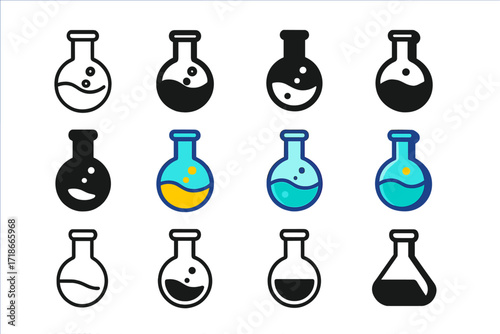 Flask Logo Variations. Set Logo of Flasks: Round-bottom boiling flask. Logo set in vector style, emblematic variations. line, bold thick line, solid black