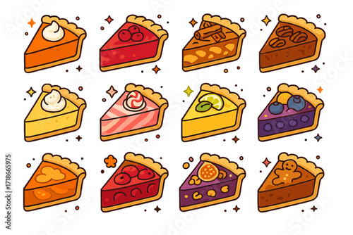 Seasonal Pie Icons. Colorful isometric vector icons set of Seasonal Pies: pumpkin pie slice, cranberry pie slice, apple cinnamon