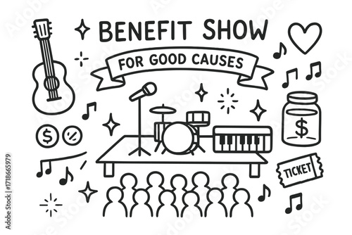 Benefit Show Icons. Hand-drawn doodle illustration Benefit show for good causes [stage, guitar, microphone, drum, keyboard, sparkle, star, heart, donation jar,