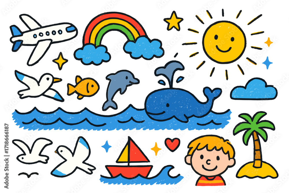Fototapeta premium Whimsical Ocean Adventure. Colorful Hand-drawn doodle Children illustration Ocean View from the Sky airplane, rainbow, waves, fish
