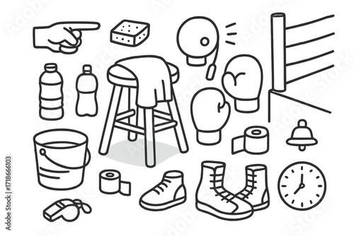 Boxer's Equipment Doodles. Hand-drawn doodle illustration Boxer?s Corner [stool, towel, bucket, water bottle, gloves, shoes, bandages, tape roll, coach hand,