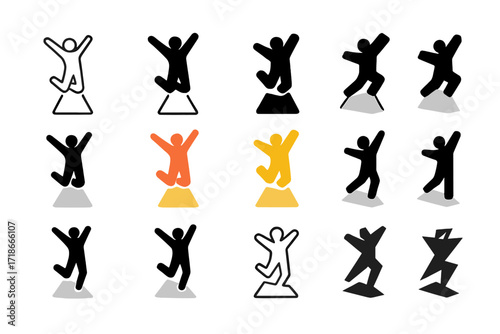 Dynamic Jump Logo. Set Logo of Jumping for Joy: energetic jump in spotlight. Logo set in vector style, emblematic variations. line, bold thick line, solid