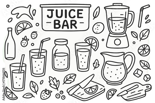 Juice Bar Doodle. Hand-drawn doodle illustration Juice bar, glasses of juice, straws, blender, pitcher, fruit slices, berries, leaves, ice cubes, citrus