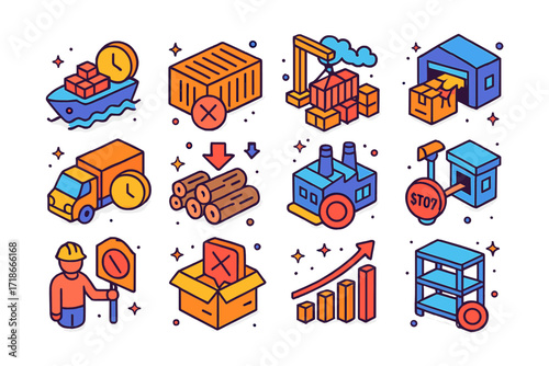 Supply Chain Icons. Colorful isometric vector icons set of Supply Chain Disruptions: cargo ship delay, container shortage, port congestion, warehouse