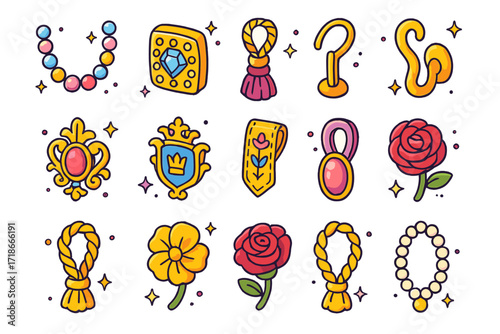 Luxurious Curtain Tiebacks. Colorful isometric vector icons set of luxurious curtain tiebacks: crystal bead strand, diamond-studded clasp, silk cord with