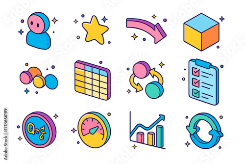 Isometric Learning Icons Set. Colorful isometric vector icons set of Reinforcement learning workflow: agent icon, reward star, policy arrow, environment box,