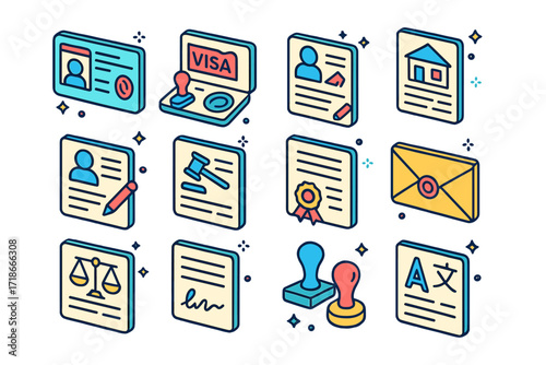 Colorful Legal Icon Set. Colorful isometric vector icons set of legal and immigration documents: refugee ID card, visa stamp, work permit, residence permit,