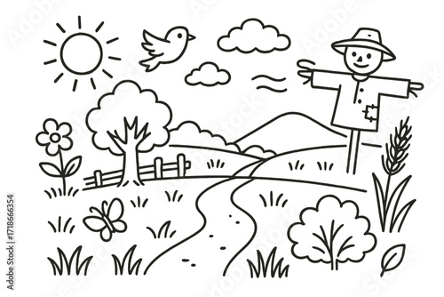 Countryside Doodle Icons. Hand-drawn doodle illustration [Sunny countryside field] [sun, tree, fence, flower, grass, cloud, bird, butterfly, hill, wheat stalk,